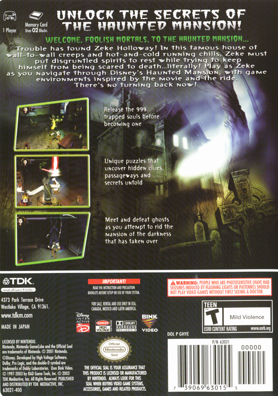 
Disney's The Haunted Mansion | GameCube | back cover | Data by MobyGames.com