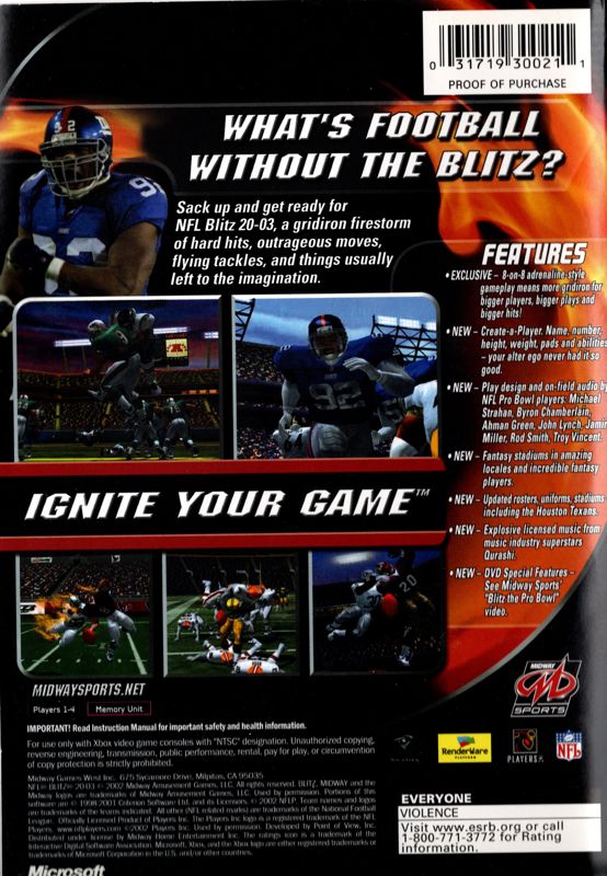 NFL Blitz 20-03 | Xbox | back cover | region=North America | source-country=United States | zypher-v2 | moby-4f07d410800c | Data by MobyGames.com