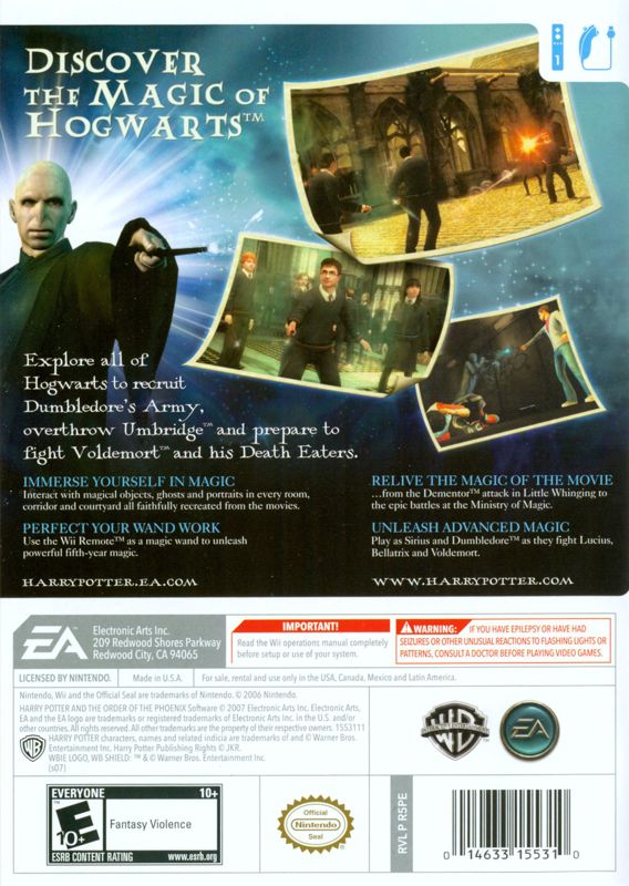 Harry Potter and the Order of the Phoenix | Wii | back cover | region=North America | source-country=Canada,Mexico,Other,United States | zypher-v2 | moby-1c4811ca0208 | Data by MobyGames.com