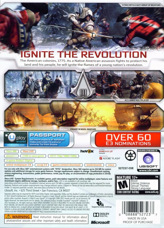 Assassin's Creed III | Xbox 360 | back cover | region=North America | source-country=Canada,United States | zypher-v2 | moby-41913e1f1d41 | Data by MobyGames.com