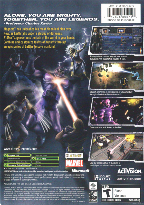 
X-Men: Legends | Xbox | back cover | Region: North America | source-country=United States | Data by MobyGames.com