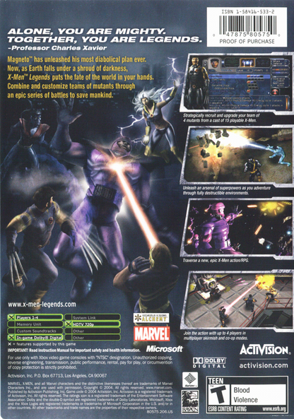 
X-Men: Legends | Xbox | back cover | Region: North America | source-country=United States | Data by MobyGames.com