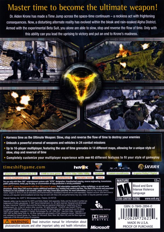 TimeShift | Xbox 360 | back cover | region=North America | source-country=United States | zypher-v2 | moby-07ed2090c621 | Data by MobyGames.com