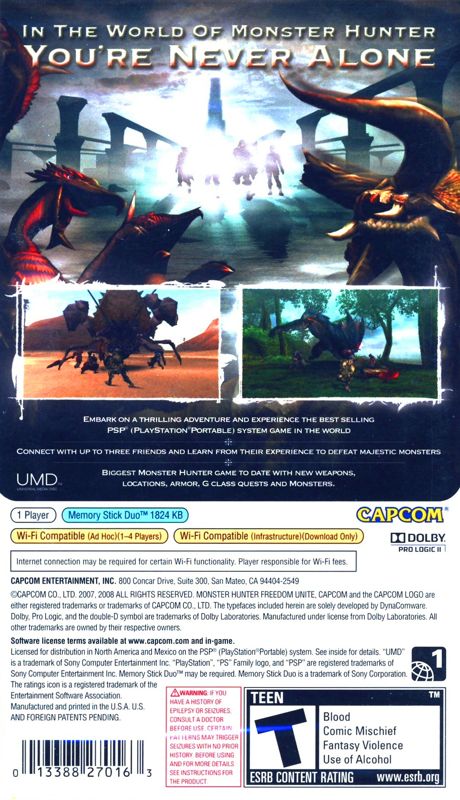 
Monster Hunter: Freedom Unite | PSP | back cover | Region: North America | source-country=United States | Data by MobyGames.com