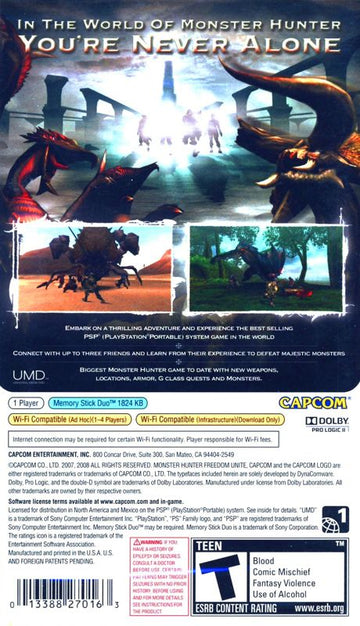 
Monster Hunter: Freedom Unite | PSP | back cover | Region: North America | source-country=United States | Data by MobyGames.com