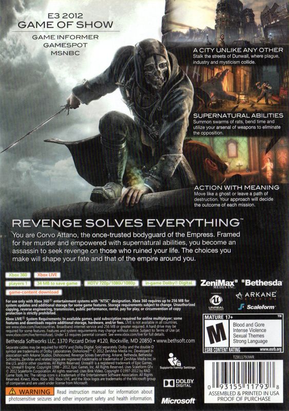 Dishonored | Xbox 360 | back cover | region=North America | source-country=United States | zypher-v2 | moby-e6dd4c14cf30 | Data by MobyGames.com