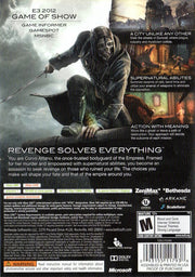 Dishonored | Xbox 360 | back cover | region=North America | source-country=United States | zypher-v2 | moby-e6dd4c14cf30 | Data by MobyGames.com