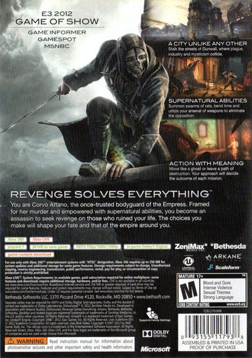 Dishonored | Xbox 360 | back cover | region=North America | source-country=United States | zypher-v2 | moby-e6dd4c14cf30 | Data by MobyGames.com