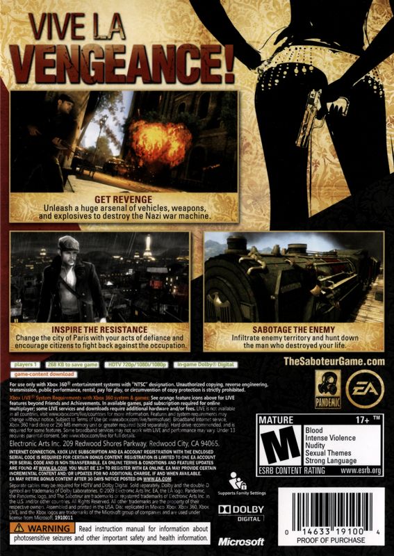 
The Saboteur | Xbox 360 | back cover | Data by MobyGames.com