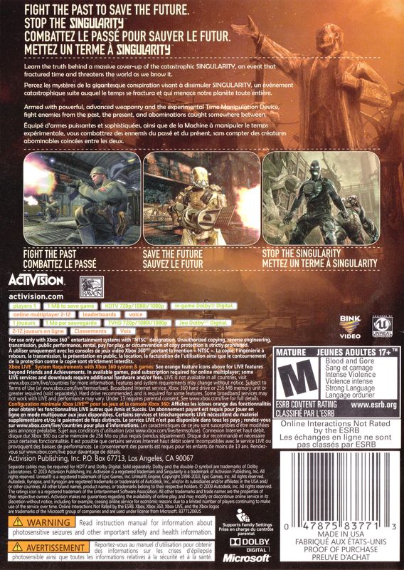 
Singularity | Xbox 360 | back cover | Data by MobyGames.com