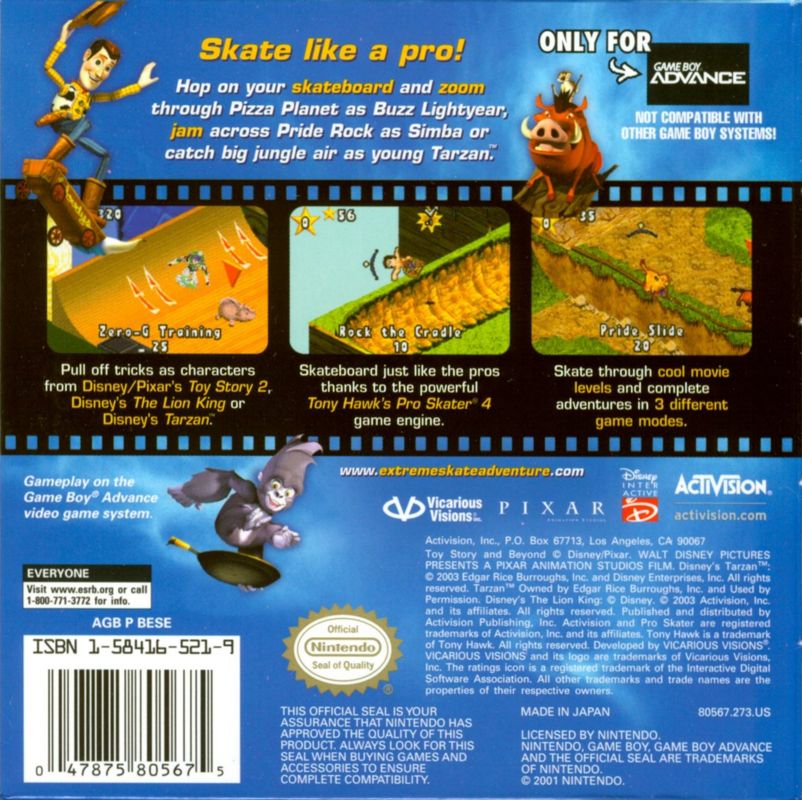 
Disney's Extreme Skate Adventure | Game Boy Advance | back cover | Data by MobyGames.com