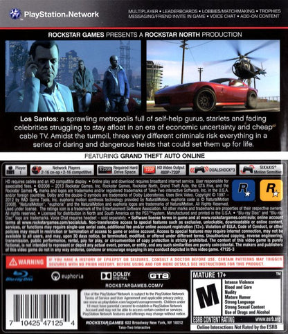 
Grand Theft Auto V | PlayStation 3 | back cover | Region: North America | source-country=United States | Data by MobyGames.com