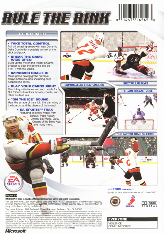 NHL 2003 | Xbox | back cover | region=North America | source-country=United States | zypher-v2 | moby-678a7ec9f404 | Data by MobyGames.com