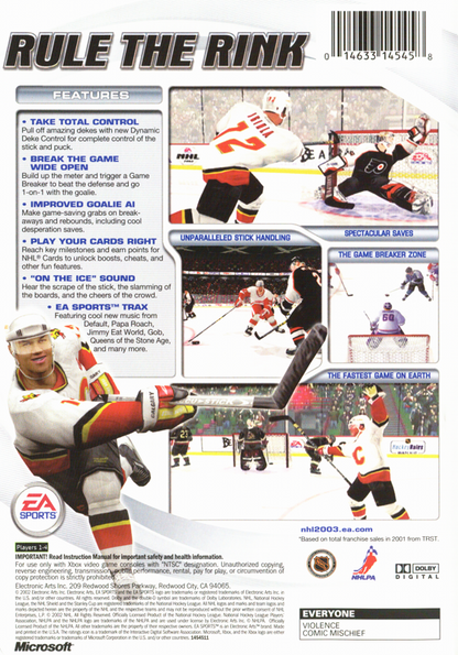 NHL 2003 | Xbox | back cover | region=North America | source-country=United States | zypher-v2 | moby-678a7ec9f404 | Data by MobyGames.com