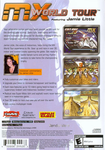 MX World Tour | PlayStation 2 | back cover | region=North America | source-country=Canada,United States | zypher-v2 | moby-c316f2edfc91 | Data by MobyGames.com