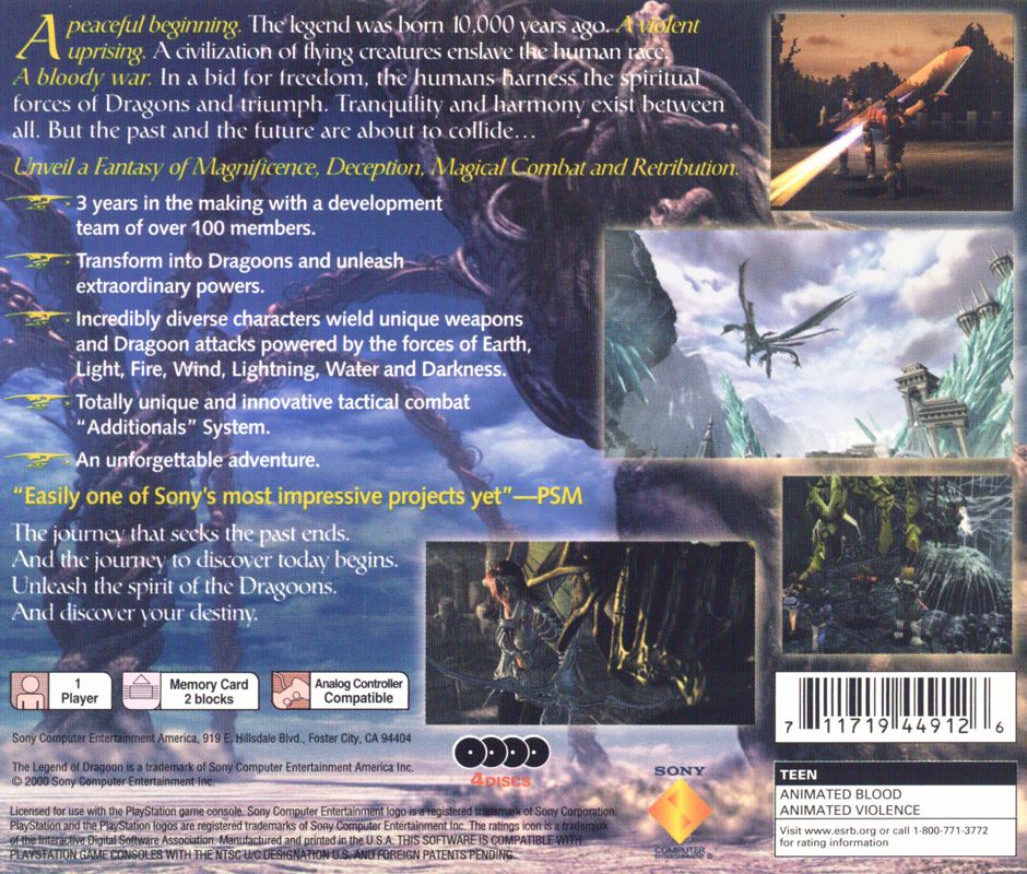 
The Legend of Dragoon | PlayStation | back cover | Region: North America | source-country=United States | Data by MobyGames.com
