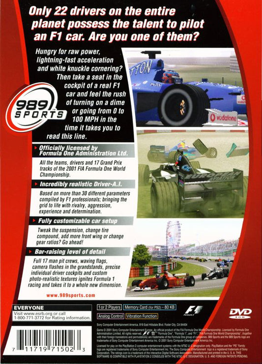 
Formula One 2001 | PlayStation 2 | back cover | Region: North America | source-country=United States | Data by MobyGames.com