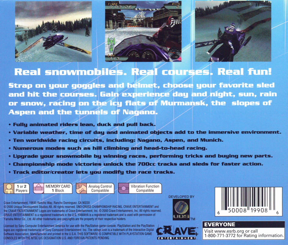 
Sno-Cross Championship Racing | PlayStation | back cover | Data by MobyGames.com