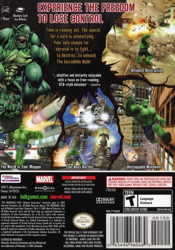 The Incredible Hulk: Ultimate Destruction | GameCube | back cover | region=North America | source-country=United States | zypher-v2 | moby-a29f669ec964 | Data by MobyGames.com