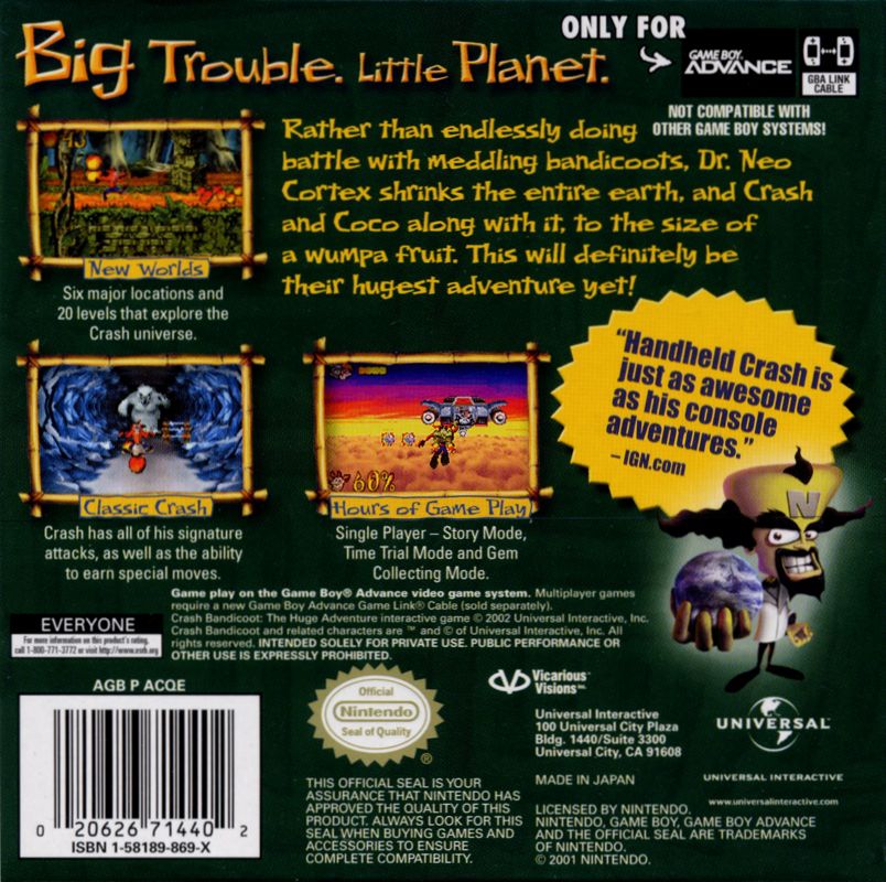 
Crash Bandicoot: The Huge Adventure | Game Boy Advance | back cover | Data by MobyGames.com