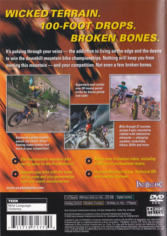 Downhill Domination | PlayStation 2 | back cover | region=North America | source-country=Canada,United States | zypher-v2 | moby-9cb3776e8cb4 | Data by MobyGames.com