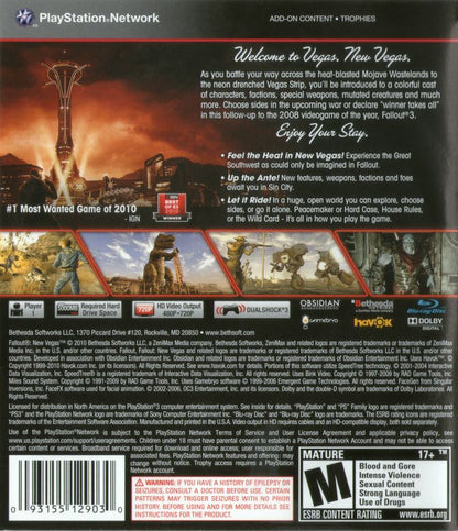 
Fallout: New Vegas | PlayStation 3 | back cover | Region: North America | source-country=United States | Data by MobyGames.com