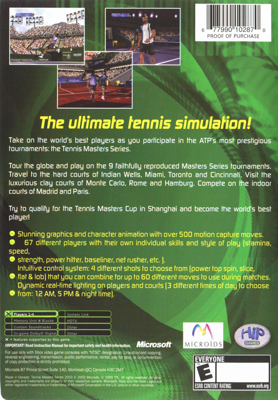 
Tennis Masters Series 2003 | Xbox | back cover | Data by MobyGames.com