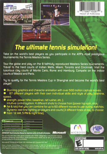 
Tennis Masters Series 2003 | Xbox | back cover | Data by MobyGames.com