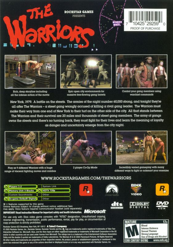 The Warriors | Xbox | back cover | region=North America | source-country=United States | zypher-v2 | moby-5aa2673215c9 | Data by MobyGames.com