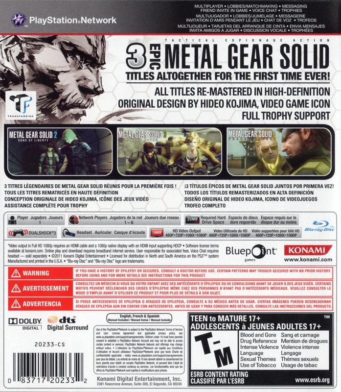 Metal Gear Solid: HD Collection | PlayStation 3 | back cover | Region: North America | source-country=Canada,Mexico,United States | Data by MobyGames.com