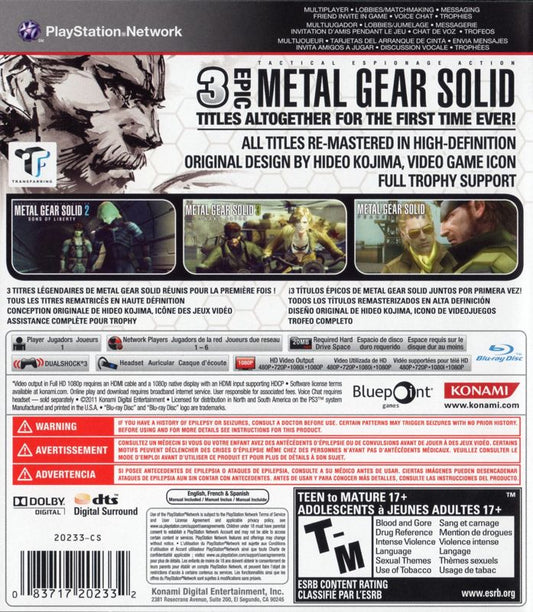 
Metal Gear Solid: HD Collection | PlayStation 3 | back cover | Region: North America | source-country=Canada,Mexico,United States | Data by MobyGames.com