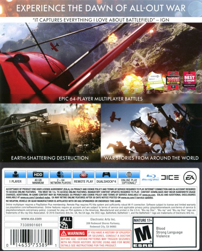 Battlefield 1 | PlayStation 4 | back cover | region=North America | source-country=United States | zypher-v2 | moby-d2732008e1e4 | Data by MobyGames.com