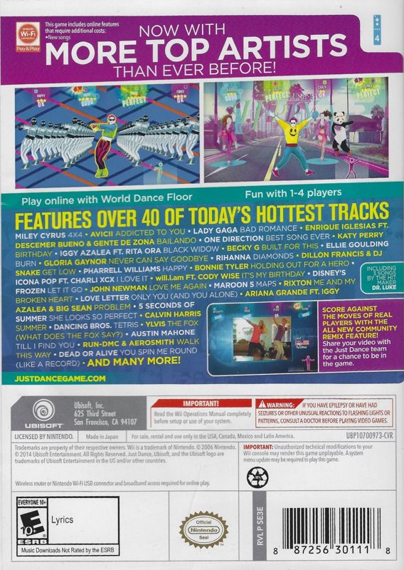 Just Dance 2015 | Wii | back cover | region=North America | source-country=United States | zypher-v2 | moby-9c775212124b | Data by MobyGames.com