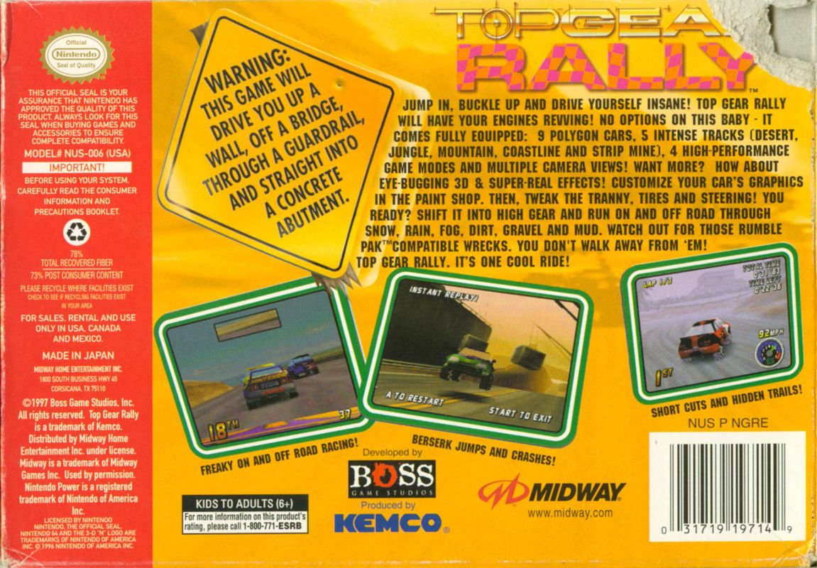 
Top Gear Rally | Nintendo 64 | back cover | Data by MobyGames.com