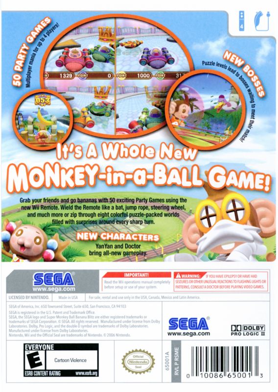 Super Monkey Ball: Banana Blitz | Wii | back cover | region=North America | source-country=Canada,Mexico,Other,United States | zypher-v2 | moby-fa950d8a222a | Data by MobyGames.com