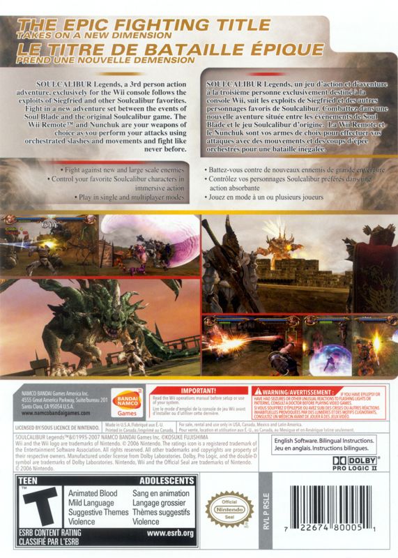 Soulcalibur: Legends | Wii | back cover | region=North America | source-country=Canada,Mexico,Other,United States | zypher-v2 | moby-7e158c80974e | Data by MobyGames.com