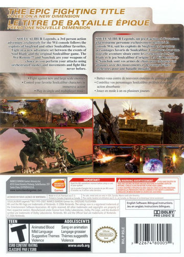 Soulcalibur: Legends | Wii | back cover | region=North America | source-country=Canada,Mexico,Other,United States | zypher-v2 | moby-7e158c80974e | Data by MobyGames.com