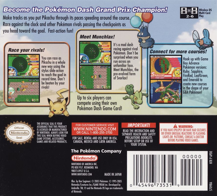 Pokémon Dash | Nintendo DS | back cover | region=North America | source-country=United States | zypher-v2 | moby-829eb27970ca | Data by MobyGames.com