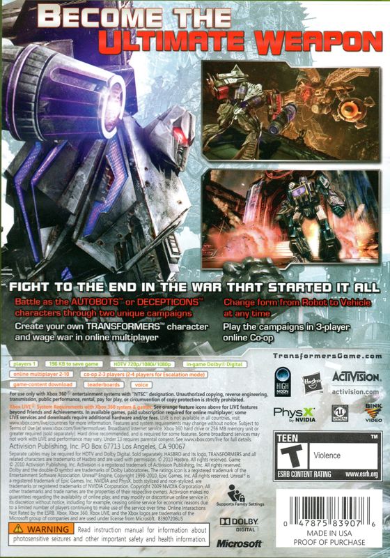 
Transformers: War for Cybertron | Xbox 360 | back cover | Data by MobyGames.com
