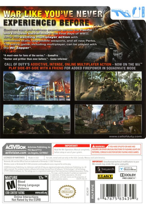 Call of Duty: World at War | Wii | back cover | region=North America | source-country=Canada,Mexico,United States | zypher-v2 | moby-6889efe7dfcb | Data by MobyGames.com