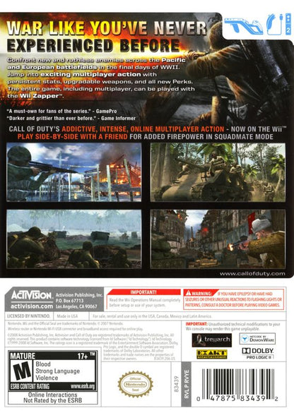 Call of Duty: World at War | Wii | back cover | region=North America | source-country=Canada,Mexico,United States | zypher-v2 | moby-6889efe7dfcb | Data by MobyGames.com