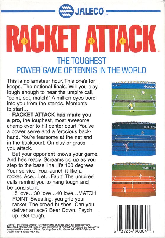 
Racket Attack | NES | back cover | Data by MobyGames.com