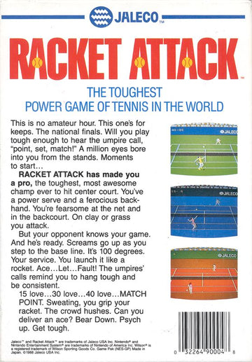 
Racket Attack | NES | back cover | Data by MobyGames.com