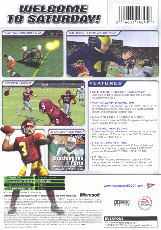 NCAA Football 2004 | Xbox | back cover | region=North America | source-country=United States | zypher-v2 | moby-4003389e2c45 | Data by MobyGames.com