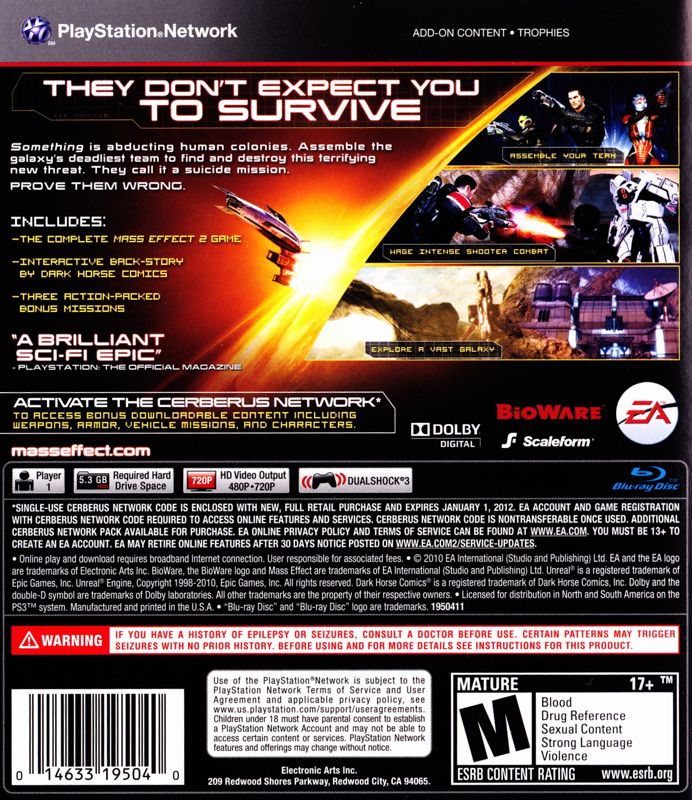 Mass Effect 2 | PlayStation 3 | back cover | Region: North America | source-country=United States | Data by MobyGames.com