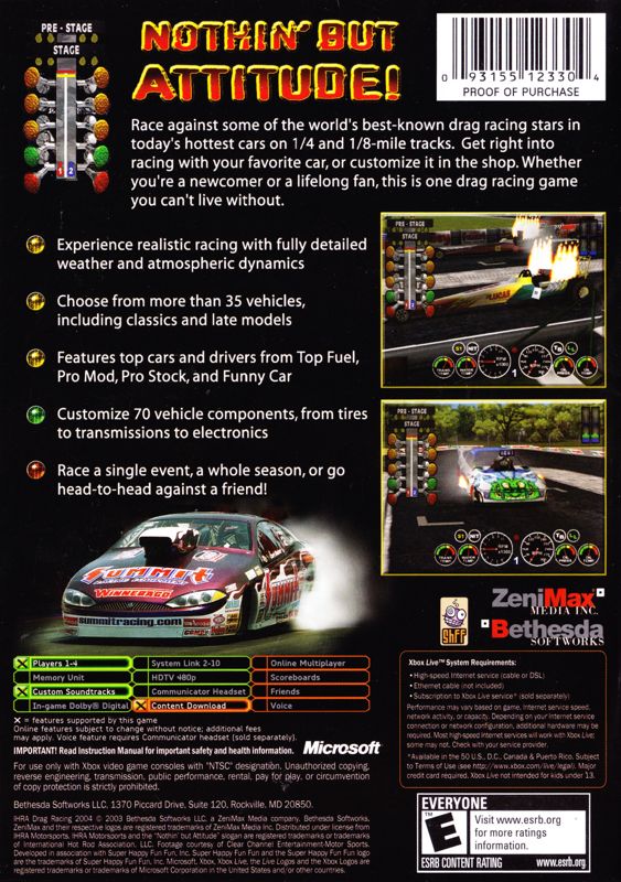 IHRA Drag Racing 2004 | Xbox | back cover | region=North America | source-country=United States | zypher-v2 | moby-fcfd1fc45d3d | Data by MobyGames.com