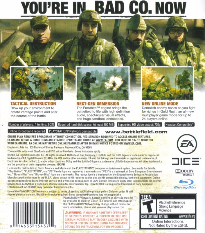 
Battlefield: Bad Company | PlayStation 3 | back cover | Region: North America | source-country=Canada,United States | Data by MobyGames.com