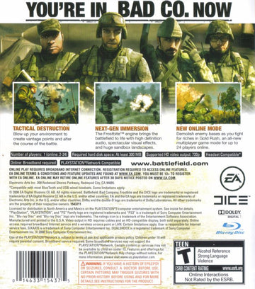 
Battlefield: Bad Company | PlayStation 3 | back cover | Region: North America | source-country=Canada,United States | Data by MobyGames.com