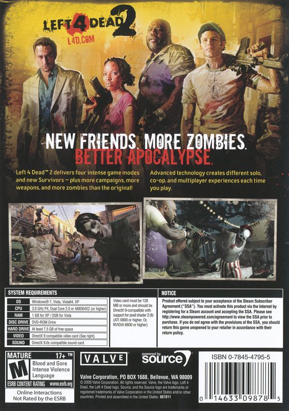Left 4 Dead 2 | Windows | back cover | Region: North America | source-country=United States | Data by MobyGames.com