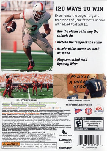 NCAA Football 11 | Xbox 360 | back cover | region=North America | source-country=United States | zypher-v2 | moby-2d35d133b309 | Data by MobyGames.com